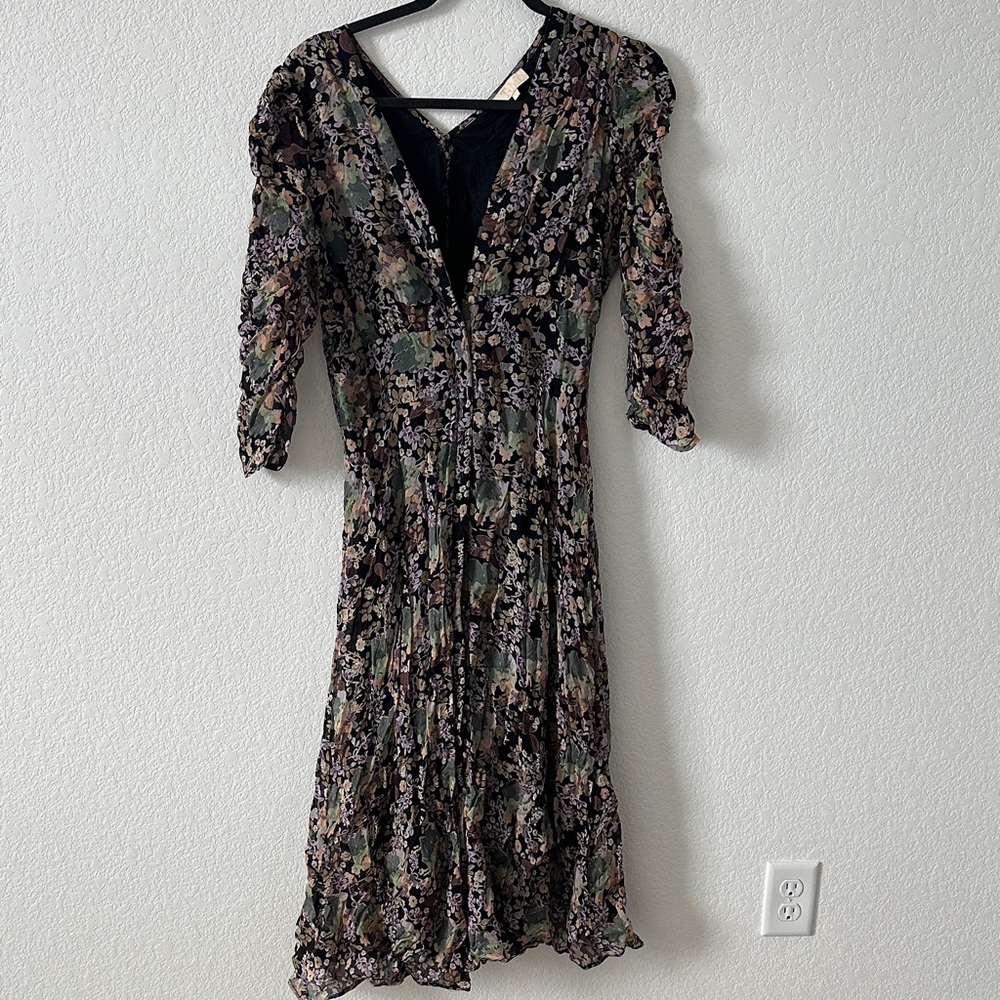 Floral Midi Dress in Black and Green - Flowy Midi Fall Dress